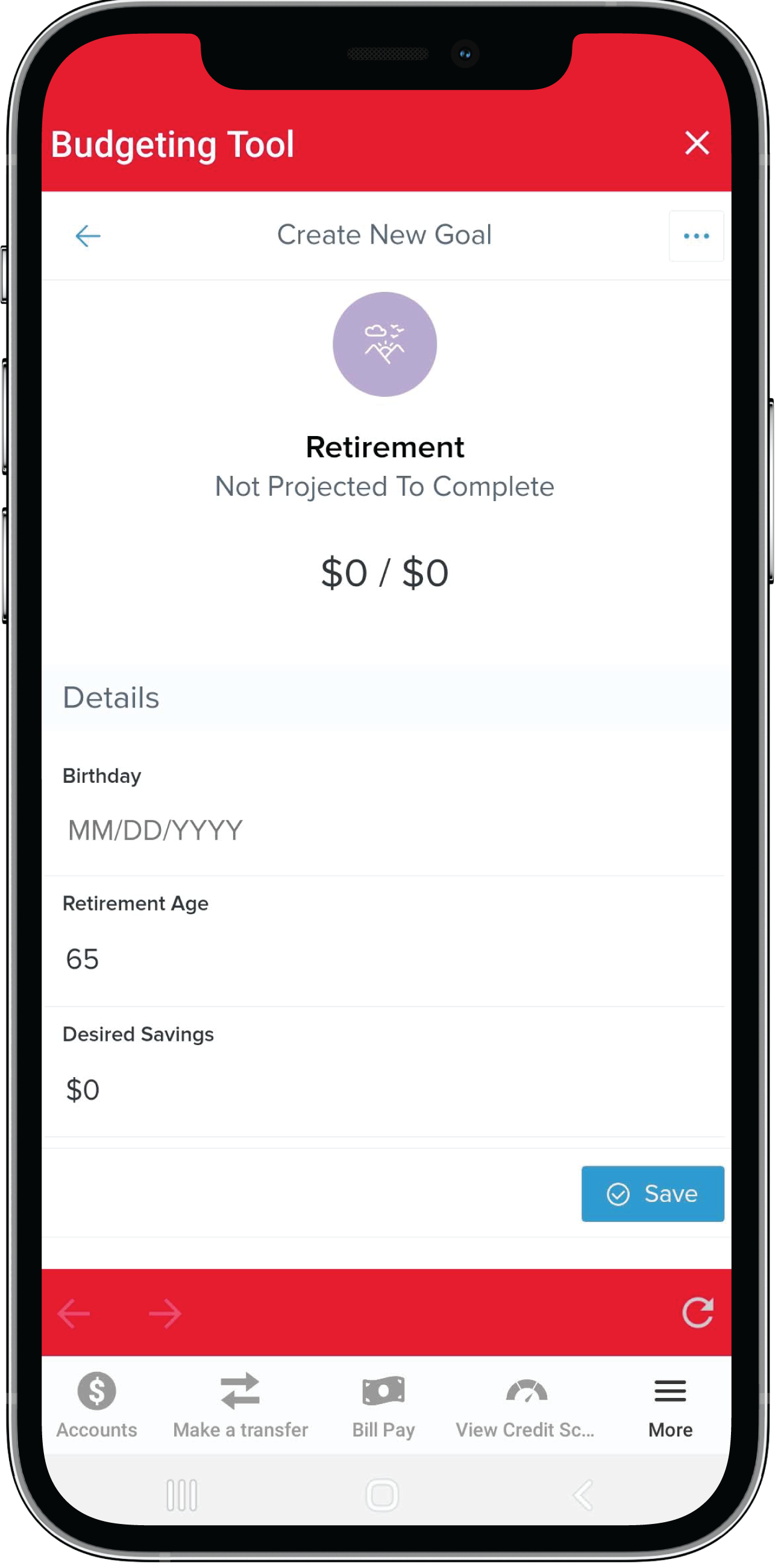 Screen View of Credit Score Tool