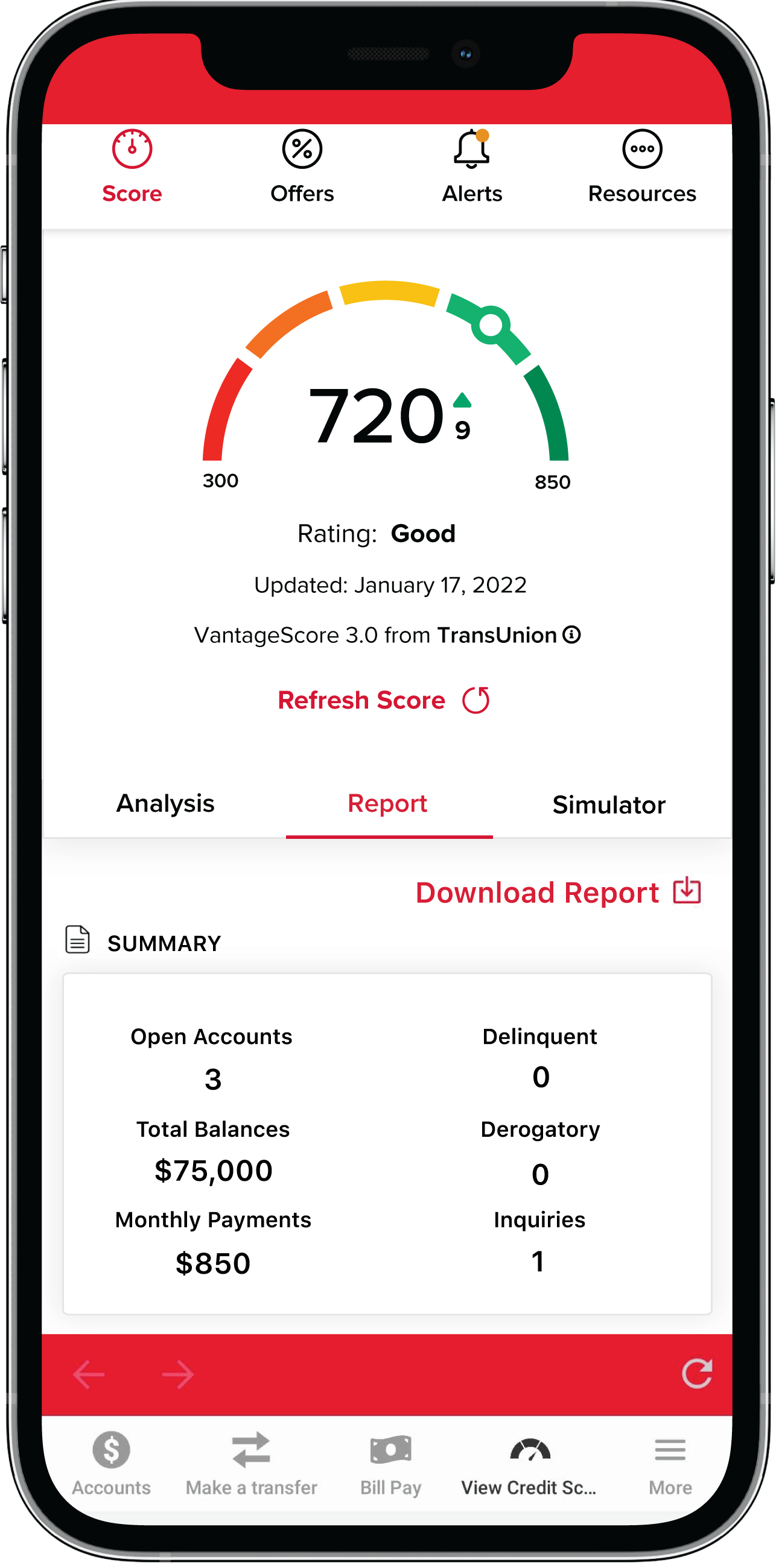 Screen View of Credit Score Tool